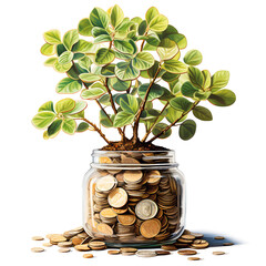 Plant growing Coins in glass jar with investment financial concept and green nature sunlight - AI generated
