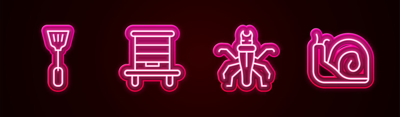 Sticker - Set line Fly swatter, Hive for bees, Termite and Snail. Glowing neon icon. Vector