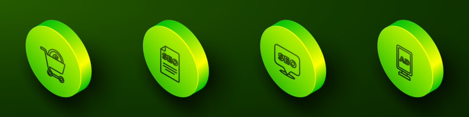 Poster - Set Isometric line Shopping cart and dollar, SEO optimization, and Advertising icon. Vector