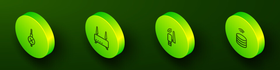 Poster - Set Isometric line No audio jack, Router and wi-fi signal, Usb wireless adapter and Smart data server icon. Vector