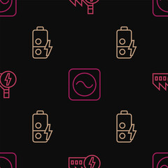 Poster - Set line Nuclear power plant, Battery charge and AC voltage source on seamless pattern. Vector