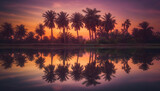 Fototapeta Zachód słońca - Silhouette of palm tree against multi colored sunset reflection on water generated by AI