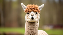 Alpaca Head Face Portrait Blurred Background In The Zoo - Generative AI