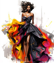 Beautiful Fashionable Young Black Woman In Evening Gown, Fashion Sketch Illustration Style
