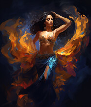 Beautiful And Sensual Female Belly Dancer In Bra And Skirt, Illustration Style