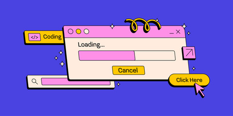 Loading and search window. User interface in retro neobrutalism style. Elements for UI UX design. Naive playful shapes. Vector illustrations.