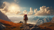 Tourist Hiker With Backpack And Trekking Poles Climbing On Rocky Snowy Mountain Steep Slope On Background Of Foggy Valley Filled With White Puffy Clouds, Generative AI