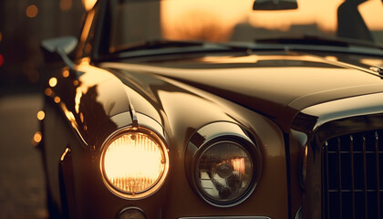 Wall Mural - Vintage car chrome grille shines in the sunset golden light generated by AI