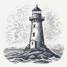Lighthouse. Vintage Engraving Style Vector Illustration.