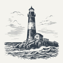 Lighthouse. Vintage Engraving Style Vector Illustration.