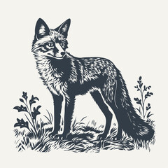 fox standing beside wild weeds. vintage woodcut engraving style vector illustration.