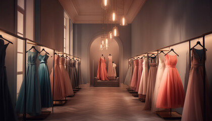Modern boutique showcases elegant garment collection in illuminated showroom generated by AI
