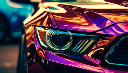 Poster - Shiny sports car illuminated by bright headlights in vibrant city generated by AI