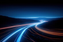 Abstract Night Landscape With Glowing Paths, Electric Energy Stream Traveling At High Speed 