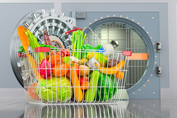 Poster - shopping basket full of grocery products with opened bank vault, 3d rendering