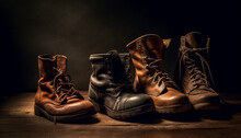 Old Leather Army Boots, Undone Shoelace, On Black Background Still Life Generated By AI