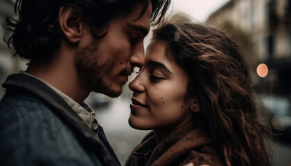 Poster - Young couple in love, embracing and kissing in autumn nature generated by AI