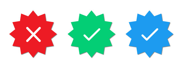 Poster - Blue tick, green tick and red cross symbols. Blue tick icon for social media apps. Green verification tick symbol. Red cross sign for not accepted or not verified.