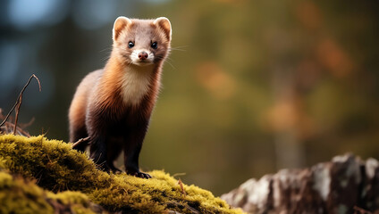 Wall Mural - Marten sitting on mossy tree trunk portrait with blurred background and copyspace - Generative AI