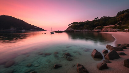 Wall Mural - Tranquil sunset over blue waters, a nautical vessel sails peacefully generated by AI