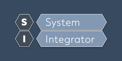 Poster - SI System Integrator. An Acronym Abbrevation of a term from the software industry. Illustration isolated on blue background.