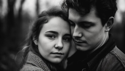 Wall Mural - Young couple embracing outdoors, smiling and flirting in black and white generated by AI