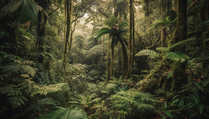 Tropical rainforest beauty in nature: green fern, palm tree growth generated by AI