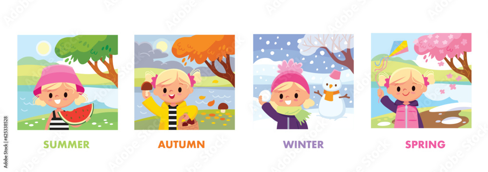 Four pictures with seasons of the year. Girl spares time outside ...