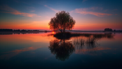 Wall Mural - Tranquil scene of nature beauty in vibrant sunset over water generated by AI