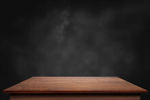 Wooden Surface. Old Table. Texture Boards. Table Surface With Perspective. Table With Dust Cloud On Black