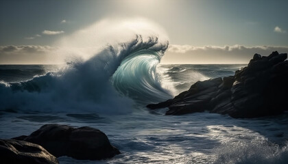 Poster - Beauty in nature: Majestic waves crash on rocky coastline at sunset generated by AI