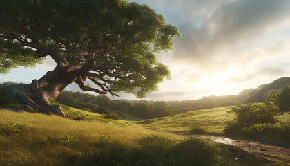 Poster - Tranquil sunset over rural meadow, pine trees backlit by sun generated by AI