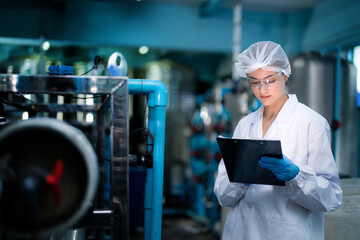 Factory woman worker checking water bottles in the warehouse at the industrial factory. Female worker recording data at the beverages manufacturing line production.