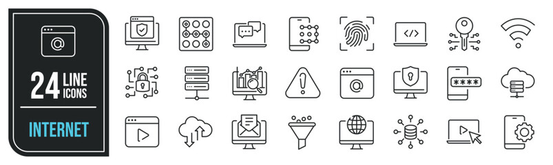 Internet simple minimal thin line icons. Related information technology, mobile, social media. Editable stroke. Vector illustration.