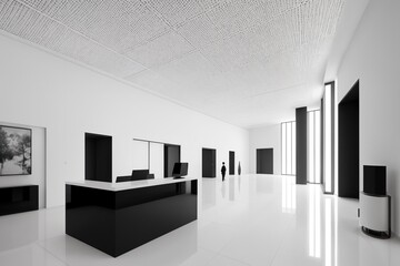 Wall Mural - Interior of modern office waiting room with white walls, concrete floor, white computer tables and black armchairs. 3d rendering