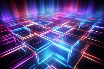 Neon Light Squares. glowing lines, tunnel, neon lights, virtual reality, square portal, arch. Neon Light Geometric Objects. Made With Generative AI. 