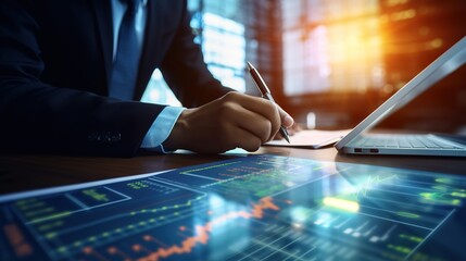 Poster - Business people or accountants are analyzing graphs on finance, investment, graph chart business strategy ideas, data analysis technology with generative ai