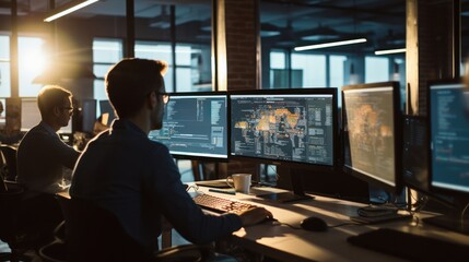 A scene showcasing a team of software developers coding, collaborating, and testing applications in a modern development environment