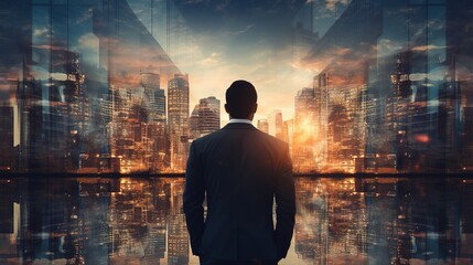 Wall Mural - Double exposure image of the business man standing back during sunrise overlay with cityscape image. The concept of modern life, business, city life and internet of things, with generative ai