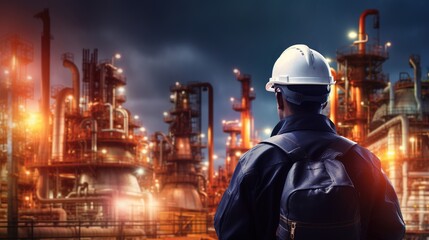 Poster - Double exposure of Engineer with safety helmet with oil refinery industry plant background with generative ai