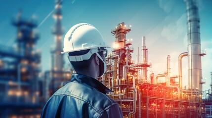 Wall Mural - Double exposure of Engineer with safety helmet with oil refinery industry plant background with generative ai