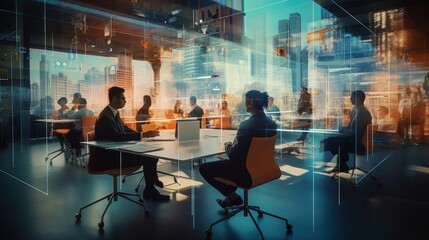 Poster - double exposure of virtual screen and colleagues at business meeting in office with generative ai