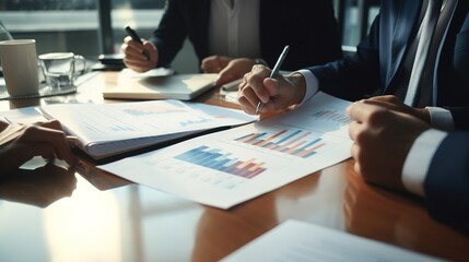 Poster - Financial Business team present. Business man hands hold documents with financial statistic stock photo, discussion, and analysis report data the charts with generative ai