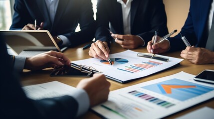 Poster - Financial Business team present. Business man hands hold documents with financial statistic stock photo, discussion, and analysis report data the charts with generative ai