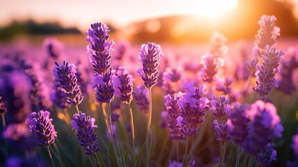 Wall Mural - Nature, environment and lavender flowers on a field in summer, growth and calm in countryside. Spring, morning and purple plants growing on natural ground for aromatherapy with generative ai