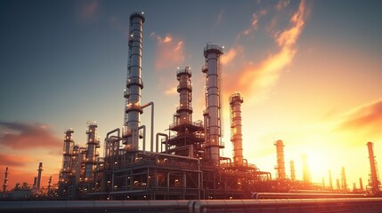 Poster - Oil and gas refinery plant or petrochemical industry on sky sunset background, Factory with evening, Manufacturing of petrochemical industrial with generative ai