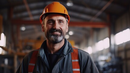 Poster - Worker stands while an engineer works. In the workplace, an engineer worker wears a uniform and a hard hat.