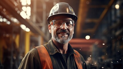 Poster - Worker stands while an engineer works. In the workplace, an engineer worker wears a uniform and a hard hat.