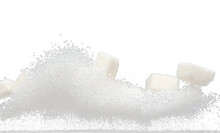 Pure Refined Sugar Cube Flying Explosion, White Crystal Sugar Abstract Cloud Fly. Pure Refined Sugar Cubes Splash Stop In Air, Food Object Design. Black Background Isolated Selective Focus Blur