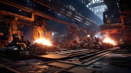 Poster - Walks Through Heavy Industry Manufacturing Factory with Various Metalworking Processes with generative ai